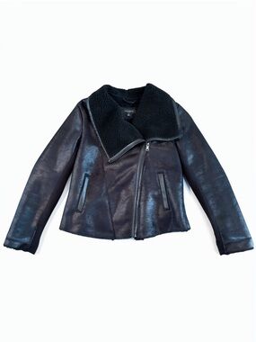 Ann Taylor Petite Black Faux Shearling Moto Jacket size small